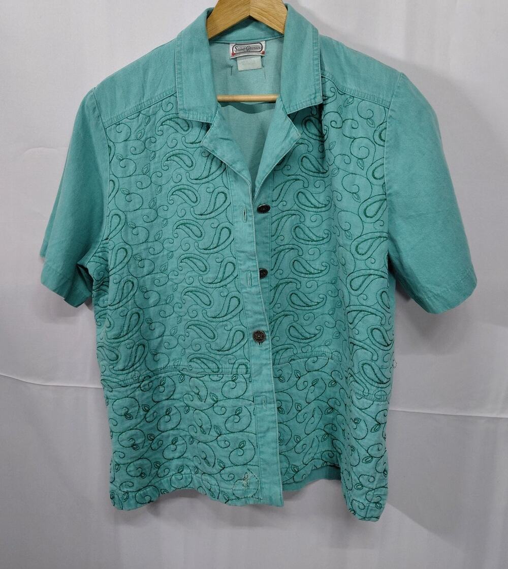 Saint Germain Embroidered Button-Up Shirt Teal Short Sleeve Collared Size L